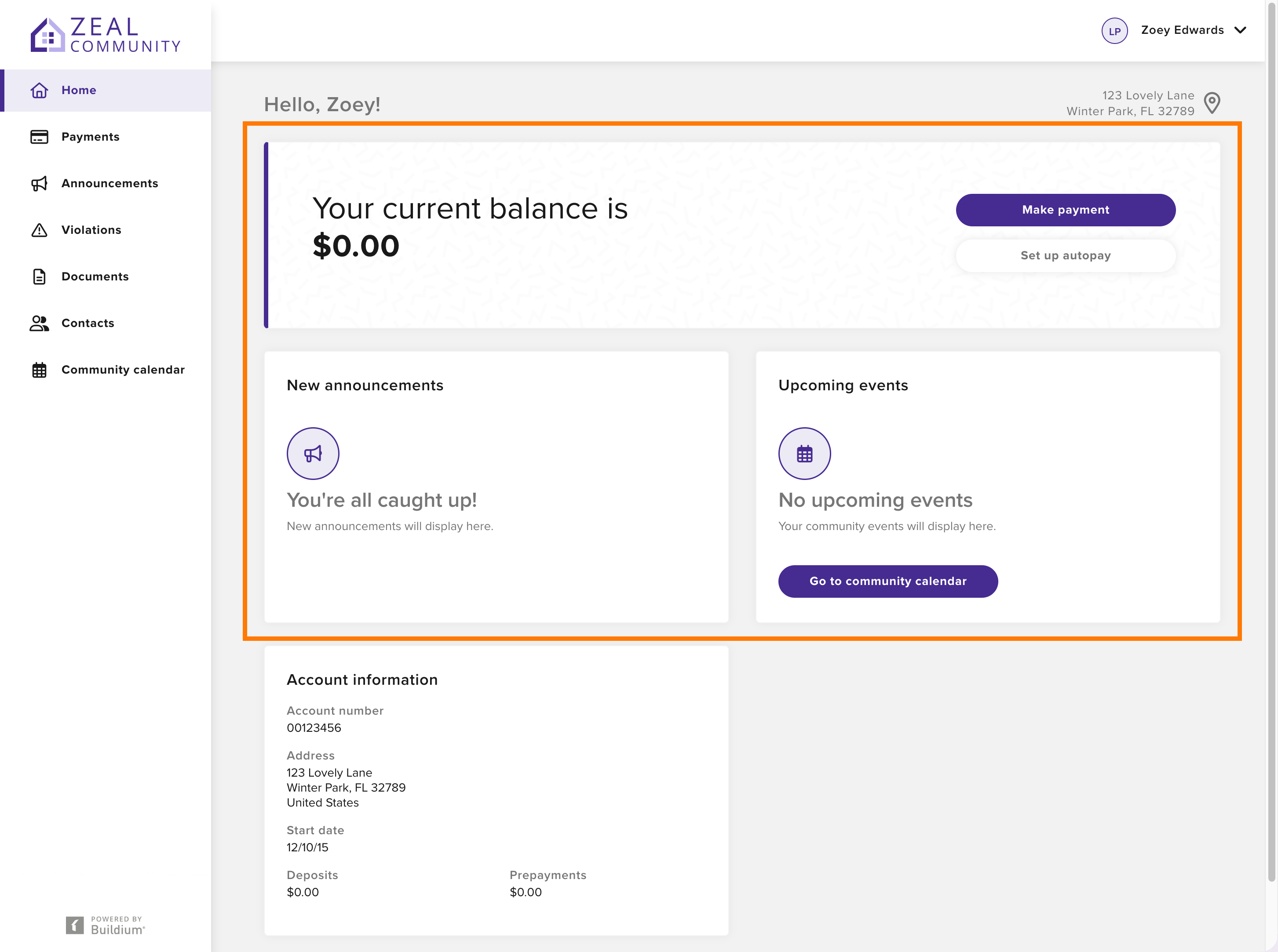 Secure Resident Center dashboard showing balance, announcements, and upcoming events