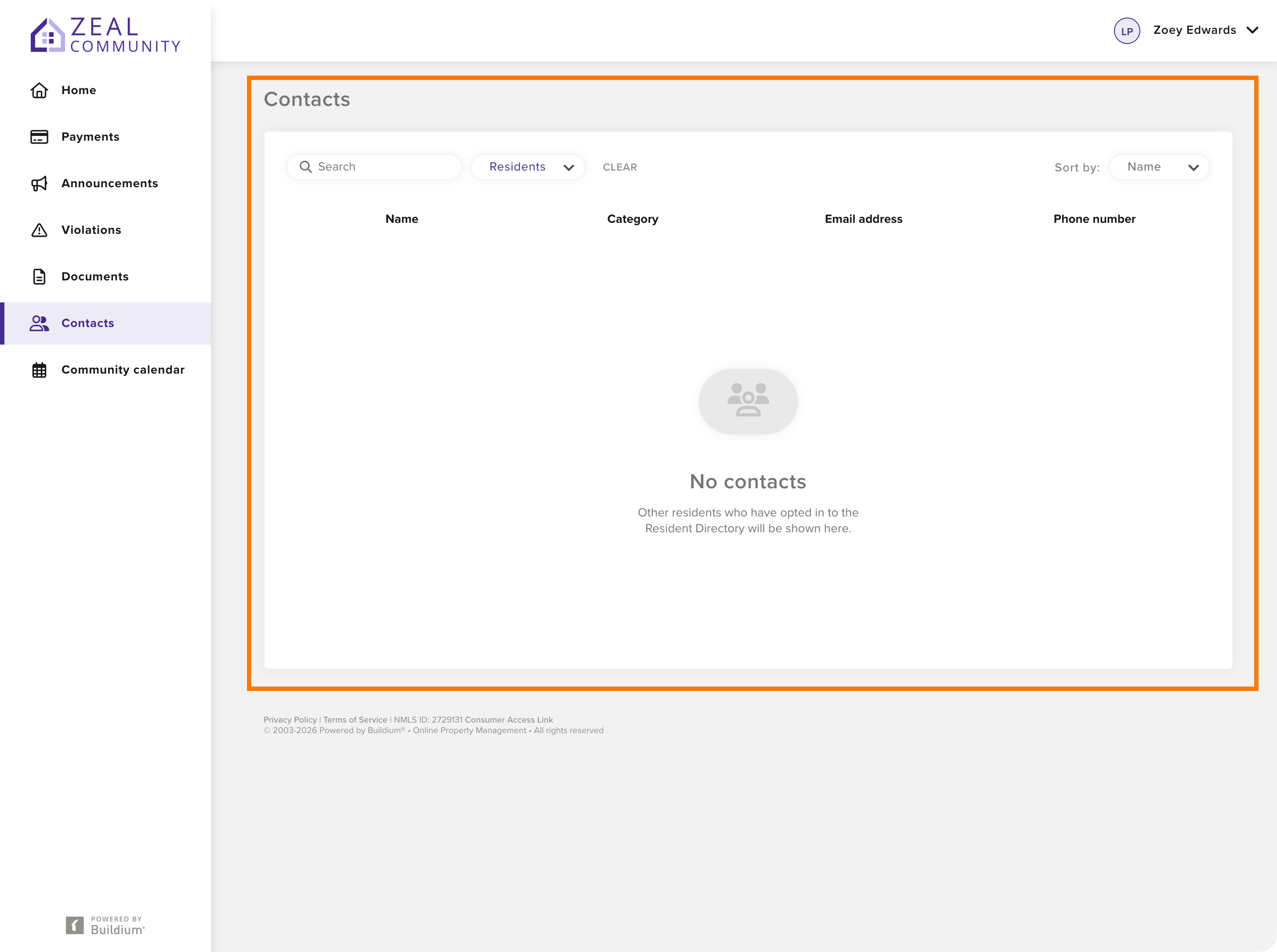 Contacts section and privacy settings in the Secure Resident Center