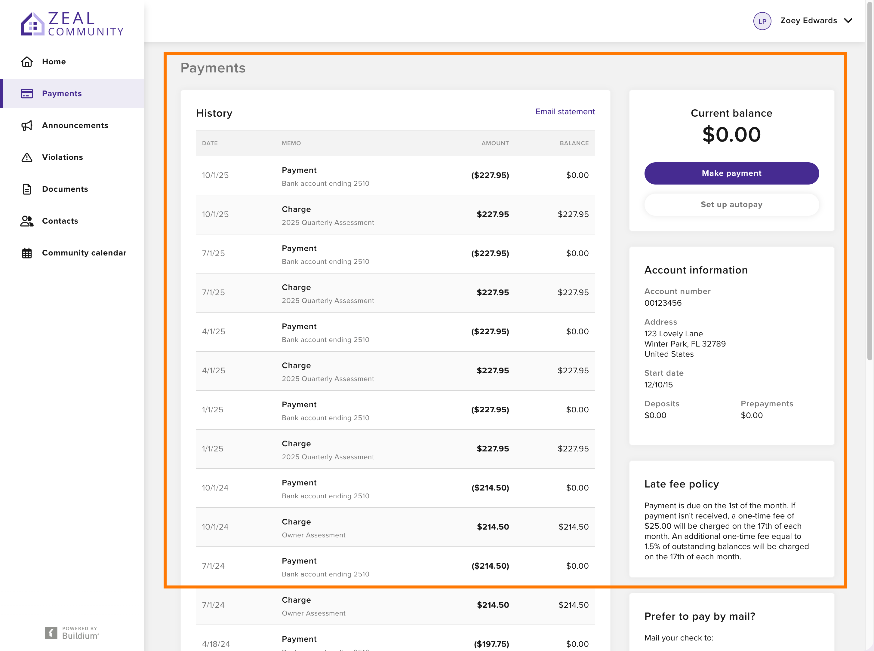 Payments section showing the ledger and payment options