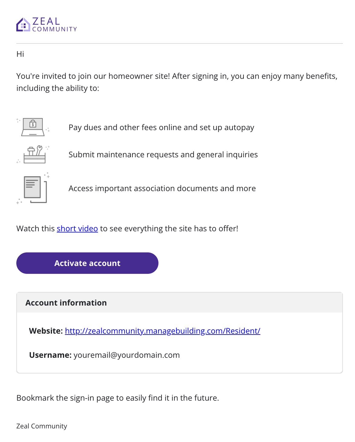 Email invite example: Your owner account with Zeal Community is waiting!
